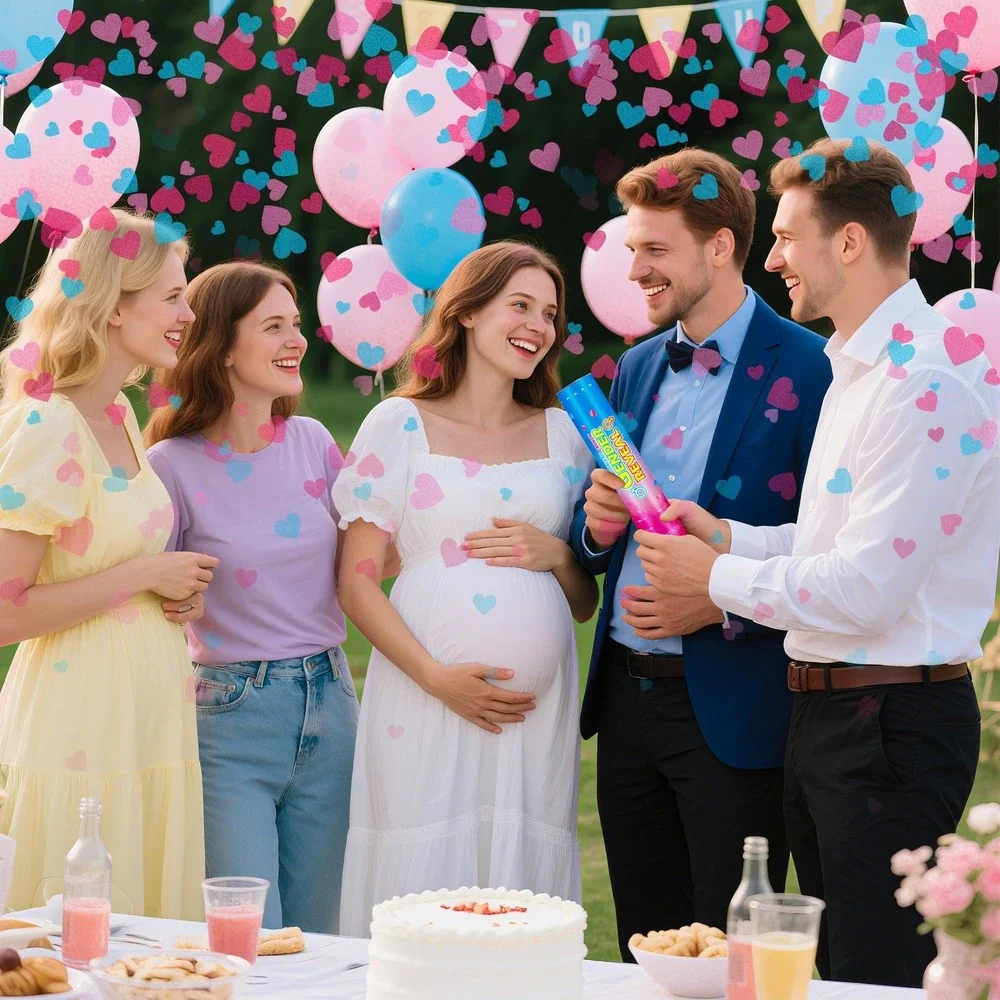 Gender Reveal Baby Confetti Cannons 6 Pack Blue Heart Shaped Easy Twist New Set
